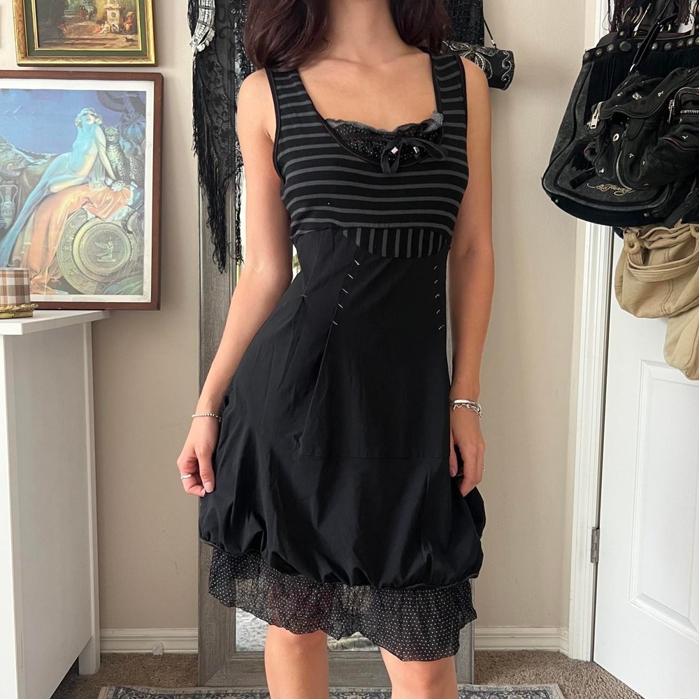 Tricotto Euro Grunge Striped Black Dress Polka Dot Tulle Tie Back Y2K Medium